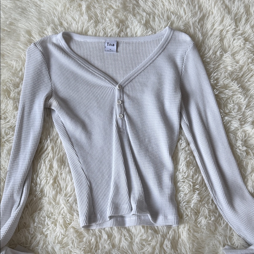 TNA White Ribbed Henley Long Sleeve Top